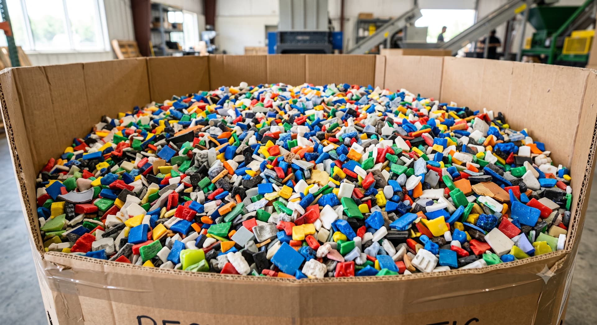 Bin of colorful mixed plastic regrind at a recycling facility.
