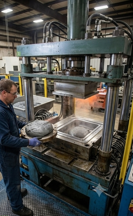 Industrial plastics manufacturing floor with compression molding equipment.